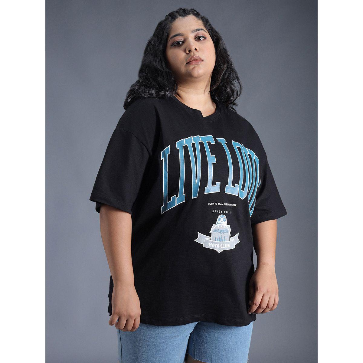 تيشيرت فضفاض بمقاس كبير وطبعة تايبوجرافي هاي ستار × ستايلي-women-clothing-tshirts-image-2