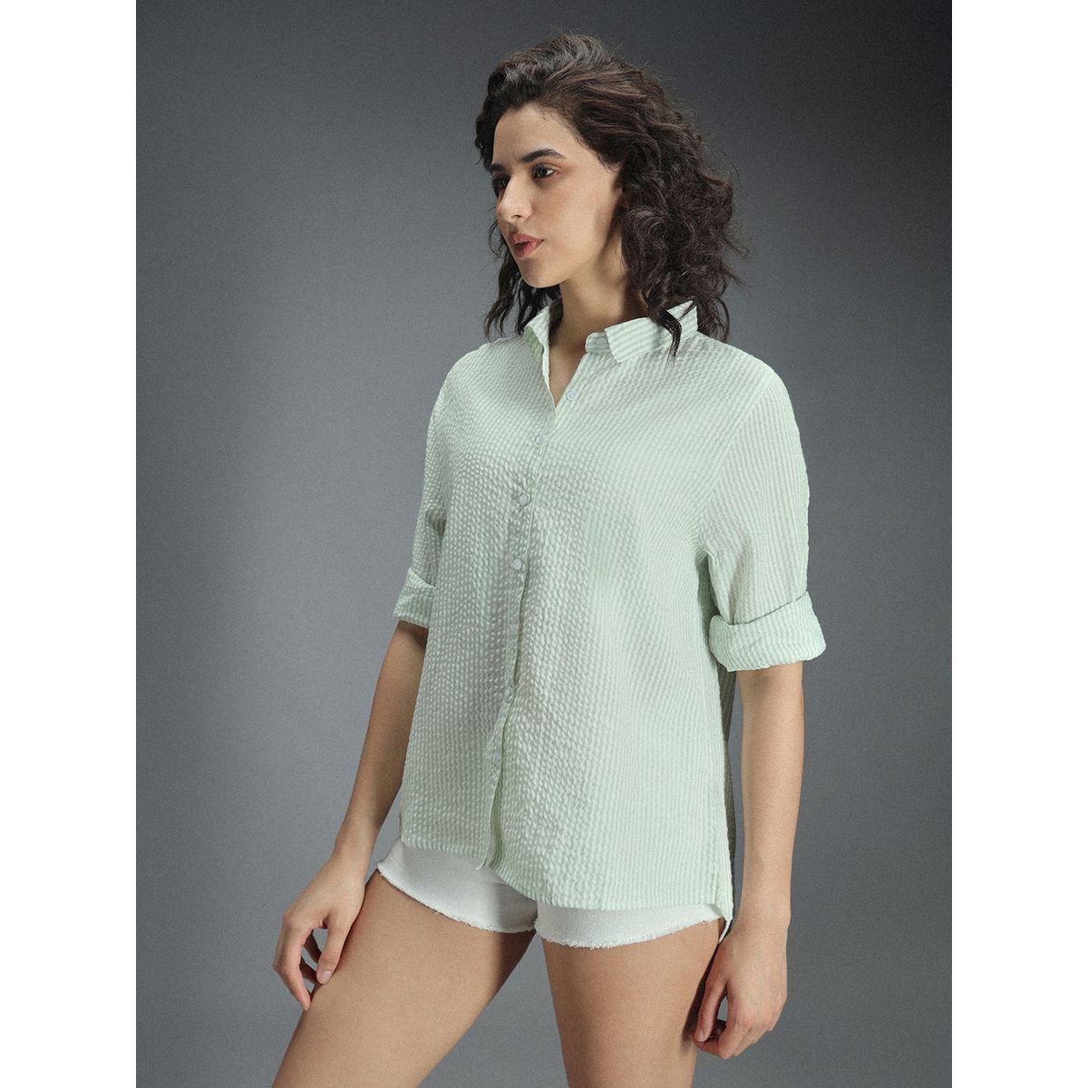 بلوزة كاجوال مخططة مع حافة غير متماثلة الطول هاي ستار × ستايلي-women-clothing-shirtsandblouses-shirts-image-2