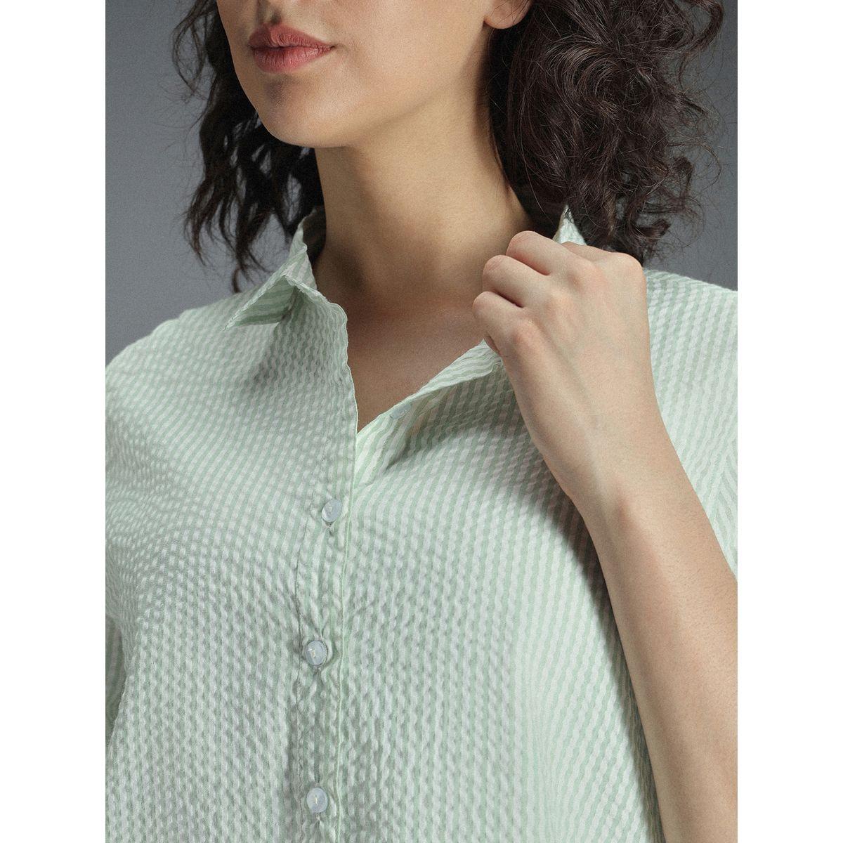بلوزة كاجوال مخططة مع حافة غير متماثلة الطول هاي ستار × ستايلي-women-clothing-shirtsandblouses-shirts-image-4