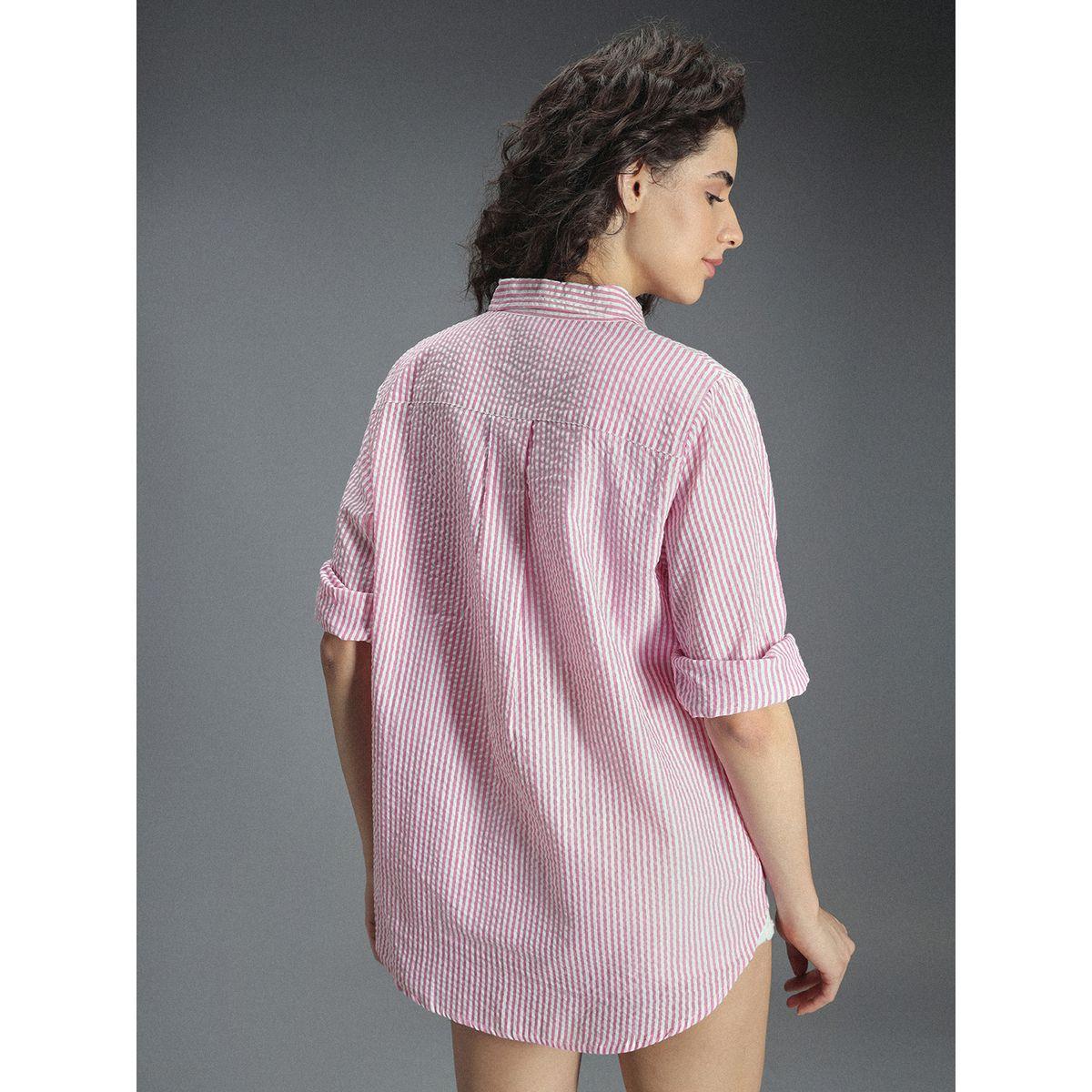بلوزة كاجوال مخططة مع حافة غير متماثلة الطول هاي ستار × ستايلي-women-clothing-shirtsandblouses-shirts-image-3