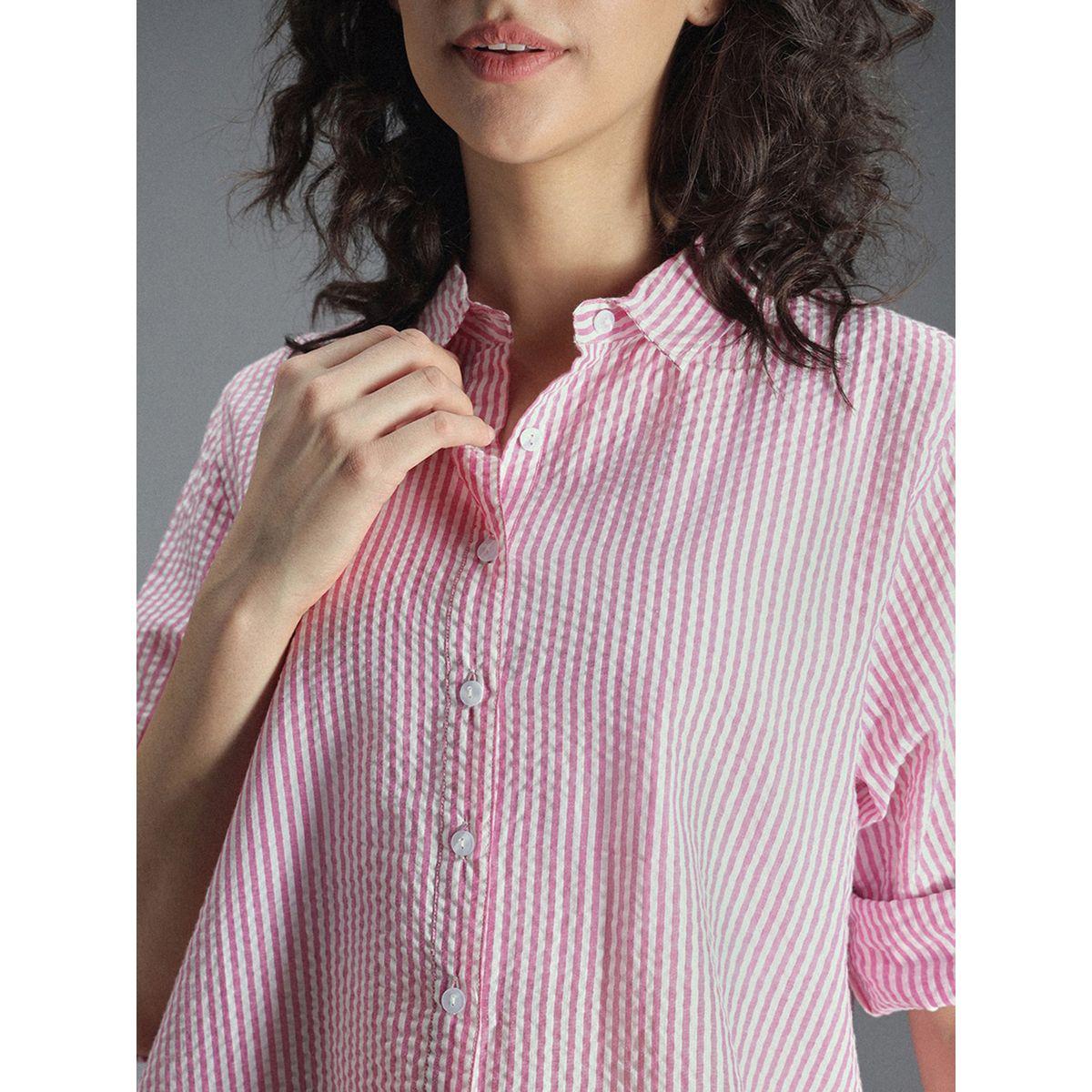 بلوزة كاجوال مخططة مع حافة غير متماثلة الطول هاي ستار × ستايلي-women-clothing-shirtsandblouses-shirts-image-4