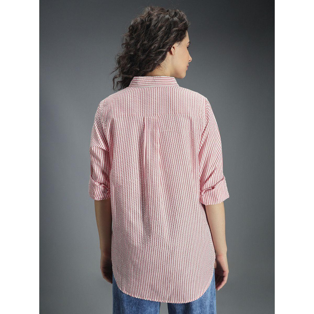 بلوزة كاجوال مخططة مع حافة غير متماثلة الطول هاي ستار × ستايلي-women-clothing-shirtsandblouses-shirts-image-3
