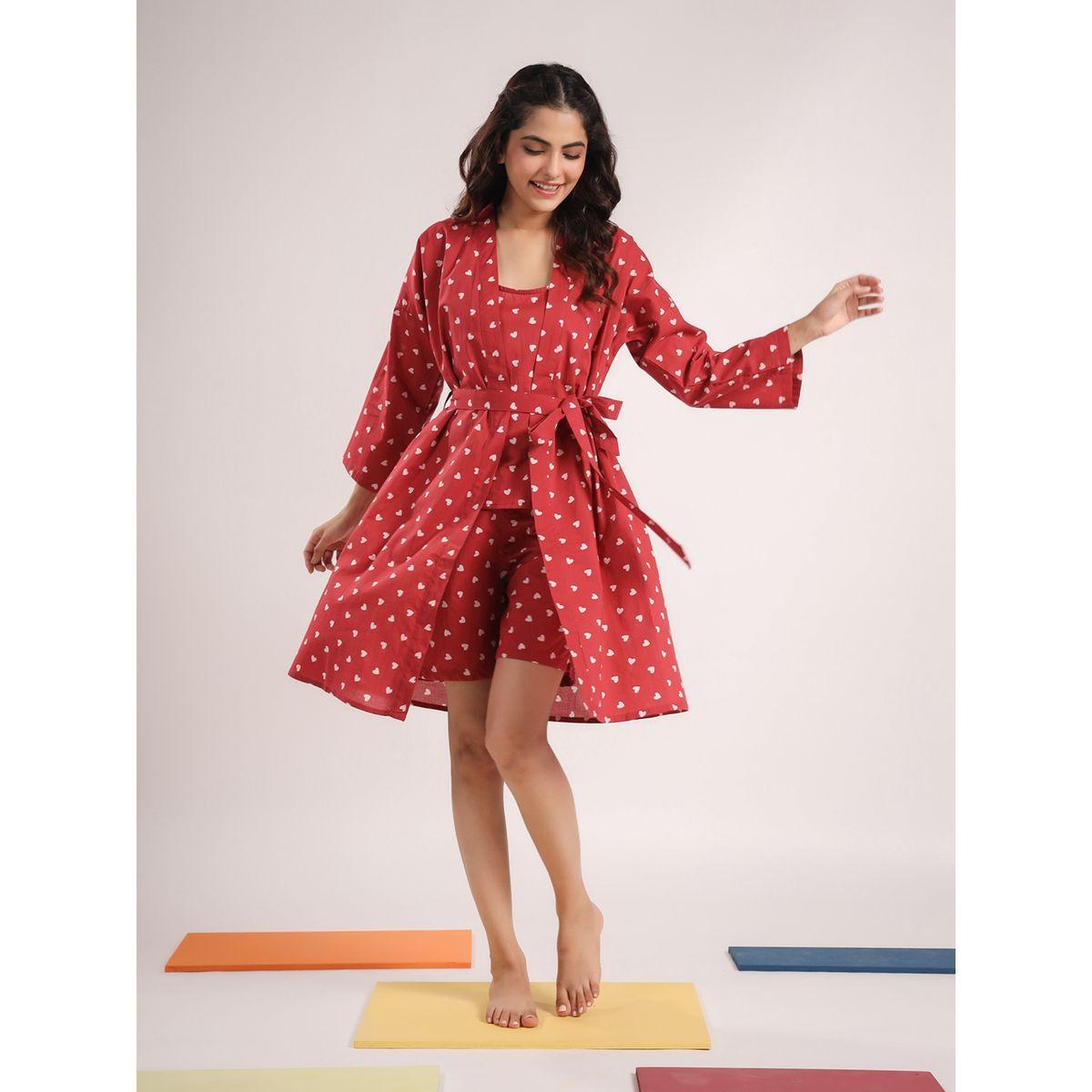 Sanskrutihomes X Styli  Pack of 4 - Heart Print Cami, Pyjama, Short & Robe-women-clothing-nightwear-pyjamas-longsets-image-11