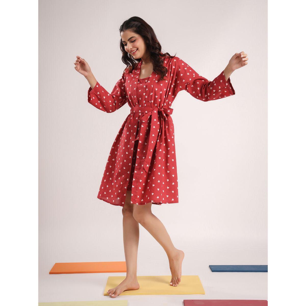 Sanskrutihomes X Styli  Pack of 4 - Heart Print Cami, Pyjama, Short & Robe-women-clothing-nightwear-pyjamas-longsets-image-12