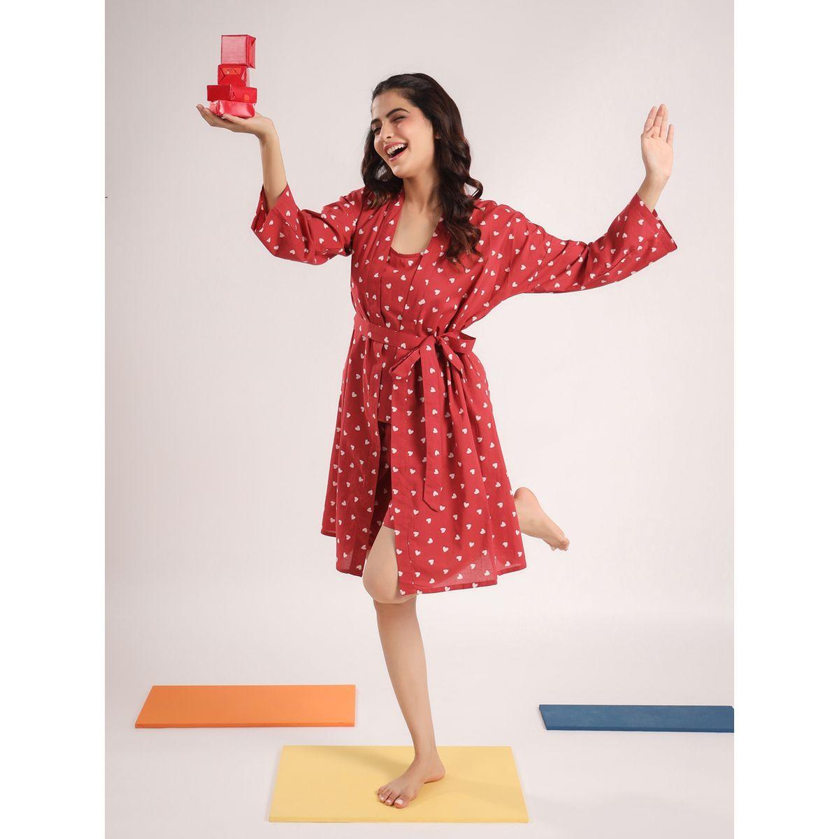 Sanskrutihomes X Styli  Pack of 4 - Heart Print Cami, Pyjama, Short & Robe-women-clothing-nightwear-pyjamas-longsets-image-15