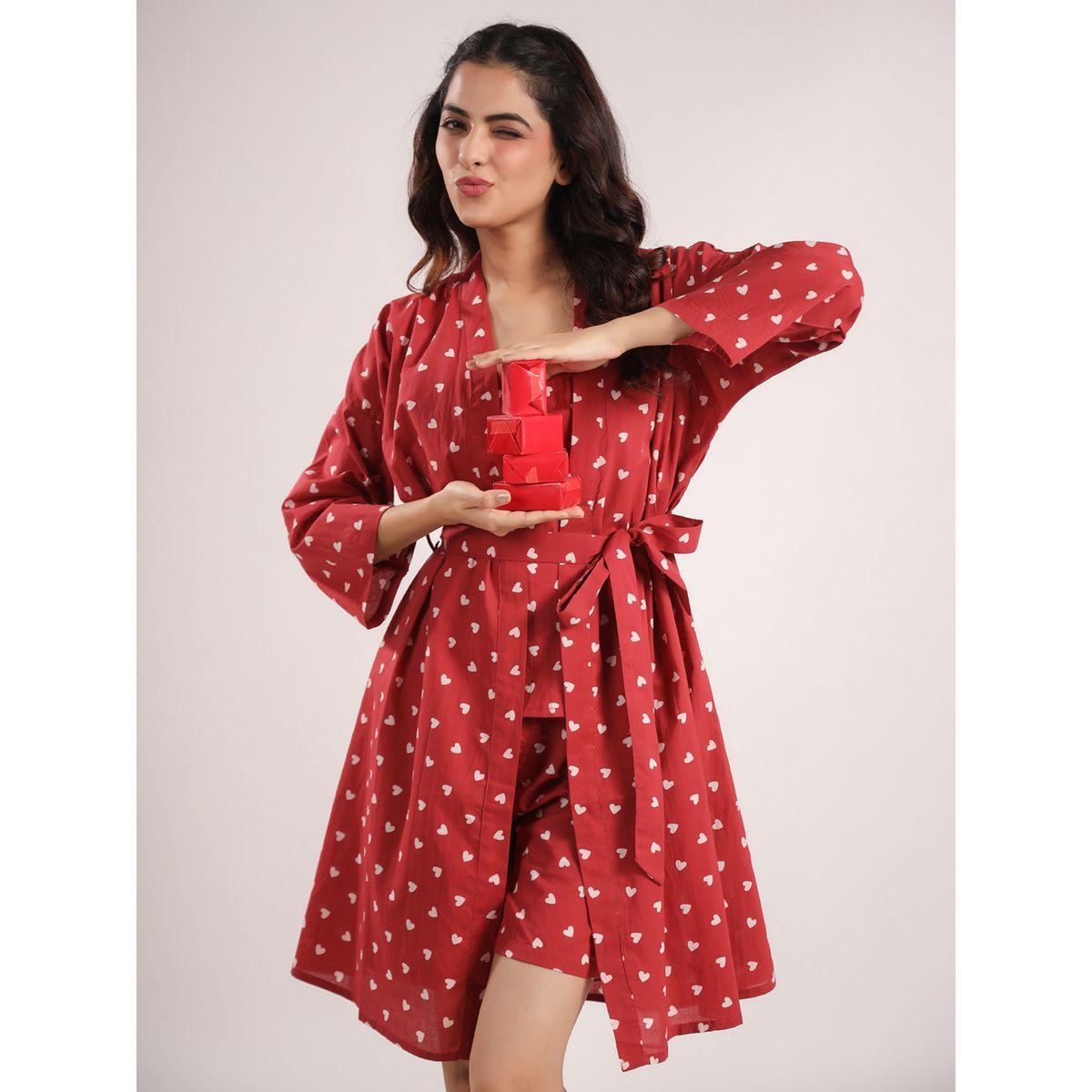 Sanskrutihomes X Styli  Pack of 4 - Heart Print Cami, Pyjama, Short & Robe-women-clothing-nightwear-pyjamas-longsets-image-16