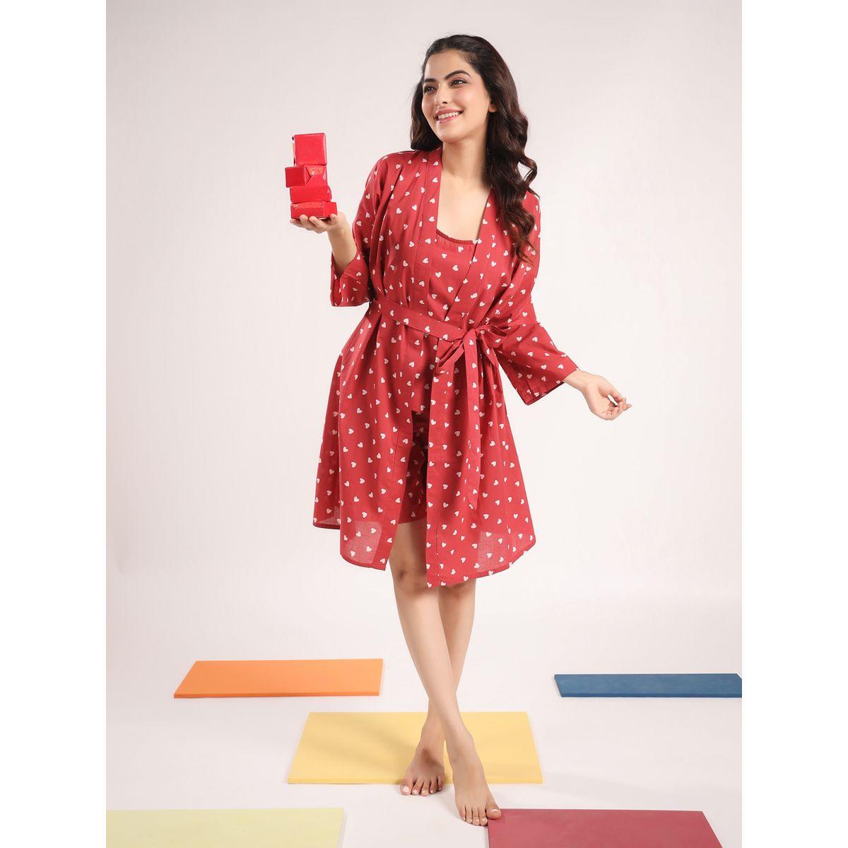 Sanskrutihomes X Styli  Pack of 4 - Heart Print Cami, Pyjama, Short & Robe-women-clothing-nightwear-pyjamas-longsets-image-17