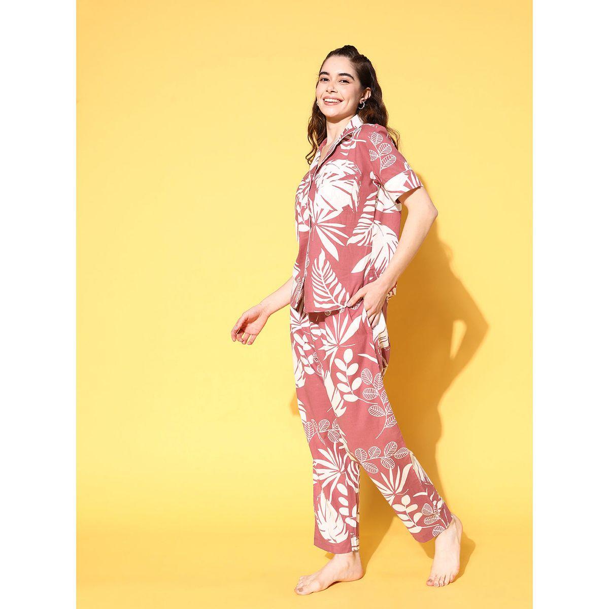 طقم من بنطال بيجاما وبلوزة قطن بطبعة استوائية سانسكريتي هومز × ستايلي-women-clothing-nightwear-pyjamas-longsets-image-2