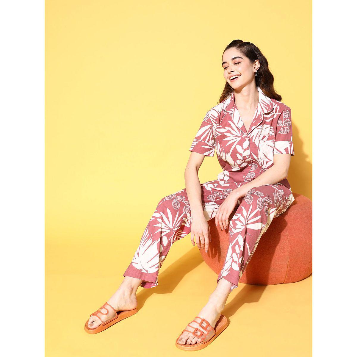 طقم من بنطال بيجاما وبلوزة قطن بطبعة استوائية سانسكريتي هومز × ستايلي-women-clothing-nightwear-pyjamas-longsets-image-5