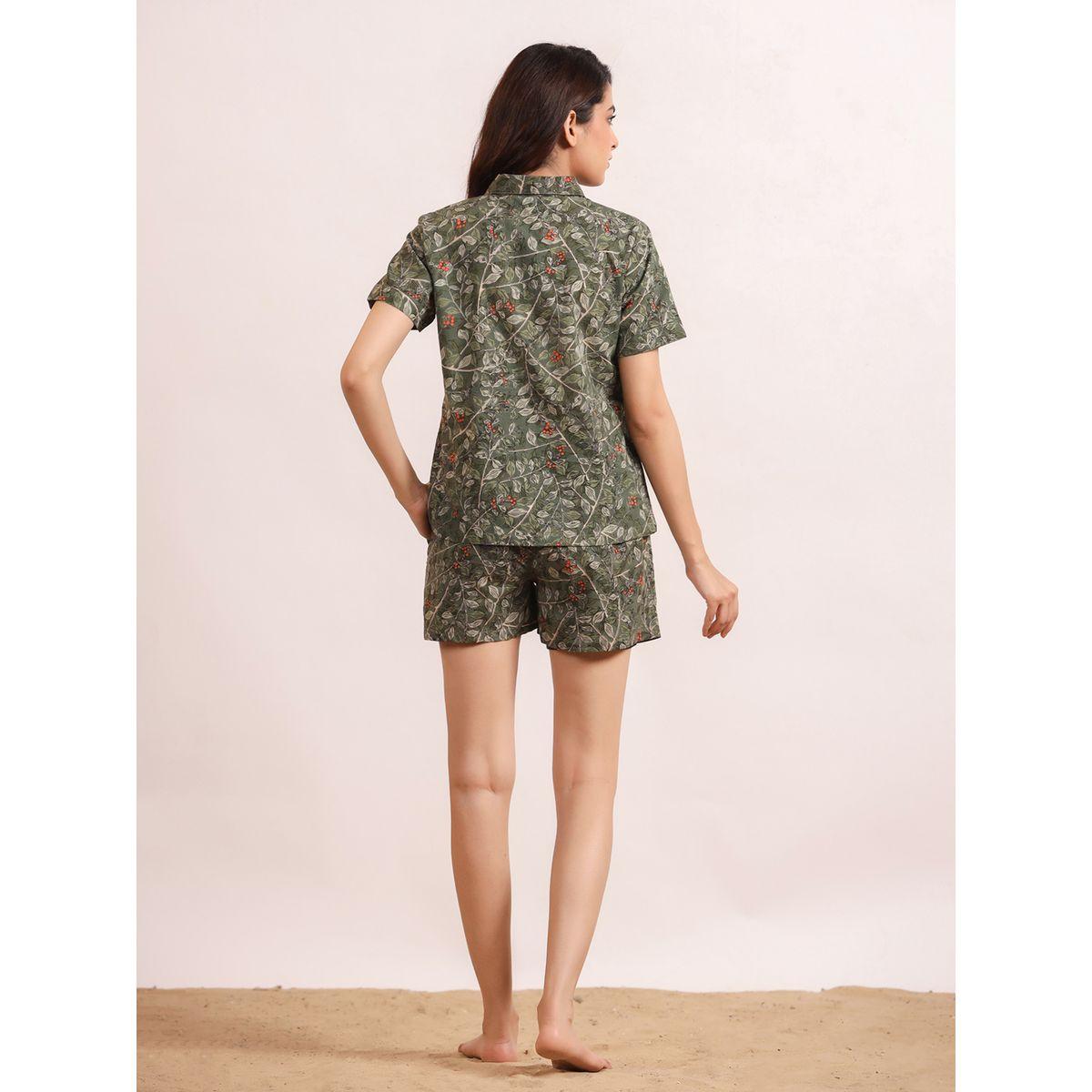Sanskrutihomes X Styli  Leaf Print Cotton Shirt & Shorts Set-women-clothing-nightwear-pyjamas-shortsets-image-1