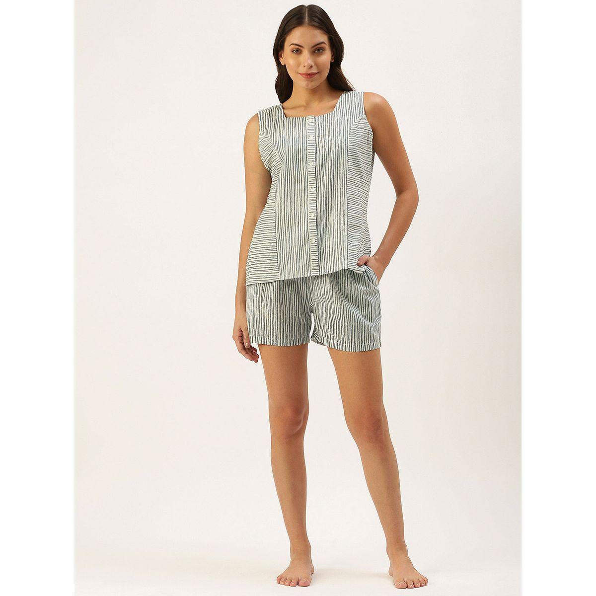 مجموعة من شورت وبلوزة مخططة بلا أكمام سانسكريتي هومز × ستايلي-women-clothing-nightwear-pyjamas-shortsets-image-1