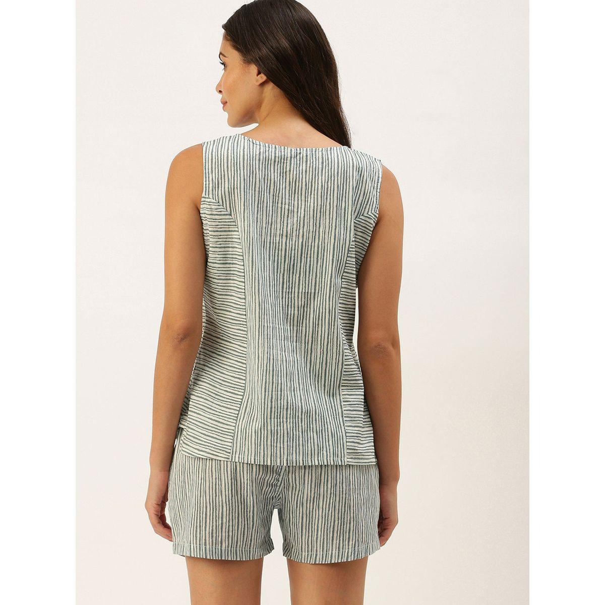 مجموعة من شورت وبلوزة مخططة بلا أكمام سانسكريتي هومز × ستايلي-women-clothing-nightwear-pyjamas-shortsets-image-3