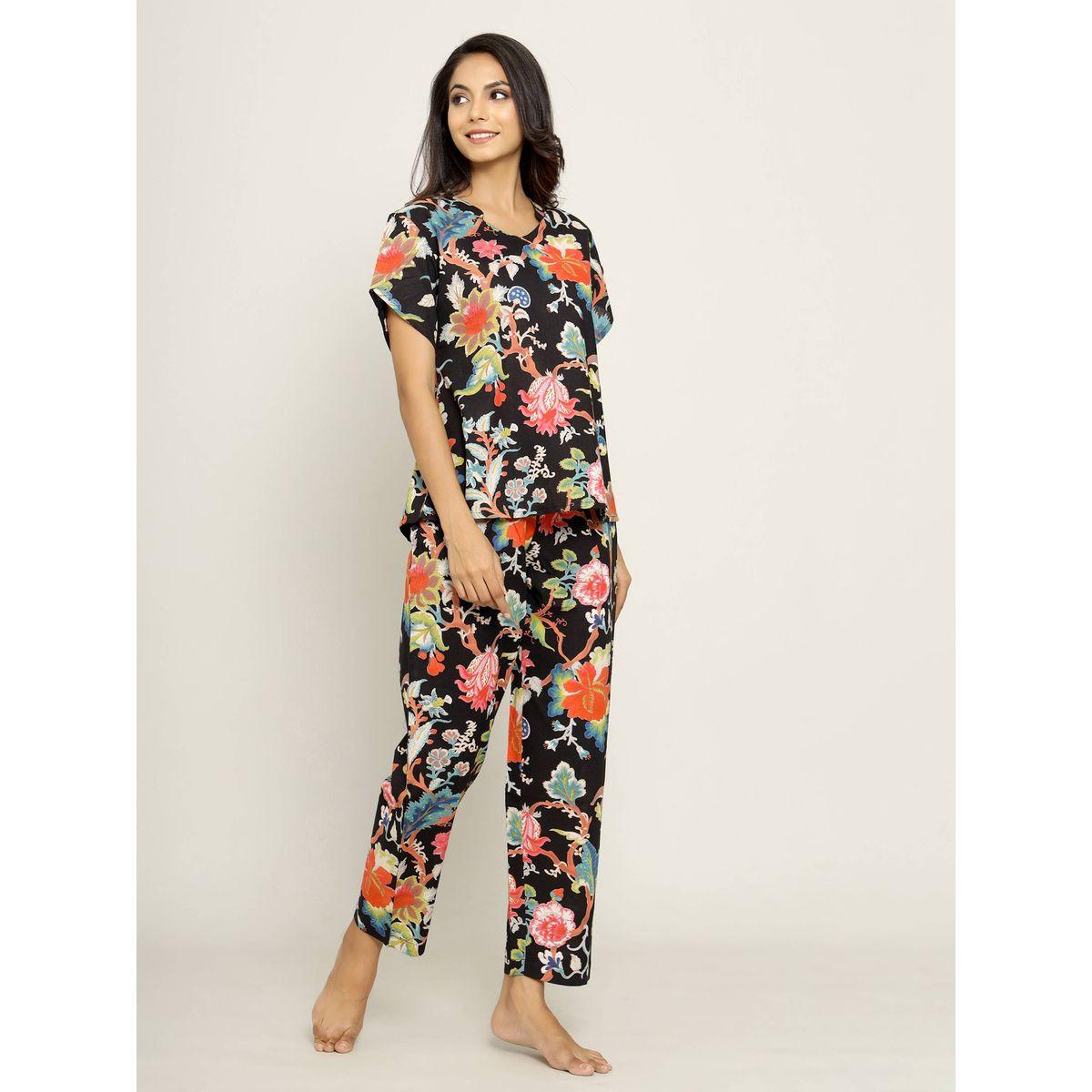 طقم من بنطال بيجاما مع بلوزة مطبعة بزهور سانسكريتي هومز × ستايلي-women-clothing-nightwear-pyjamas-longsets-image-3