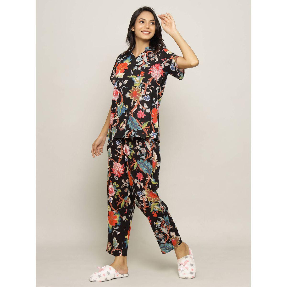 طقم من بنطال بيجاما مع بلوزة مطبعة بزهور سانسكريتي هومز × ستايلي-women-clothing-nightwear-pyjamas-longsets-image-7