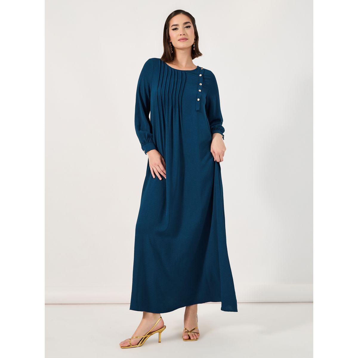 Styli Pintuck Panel Jalabiya with Button Detail-women-arabicclothing-jalabiyas-image-4