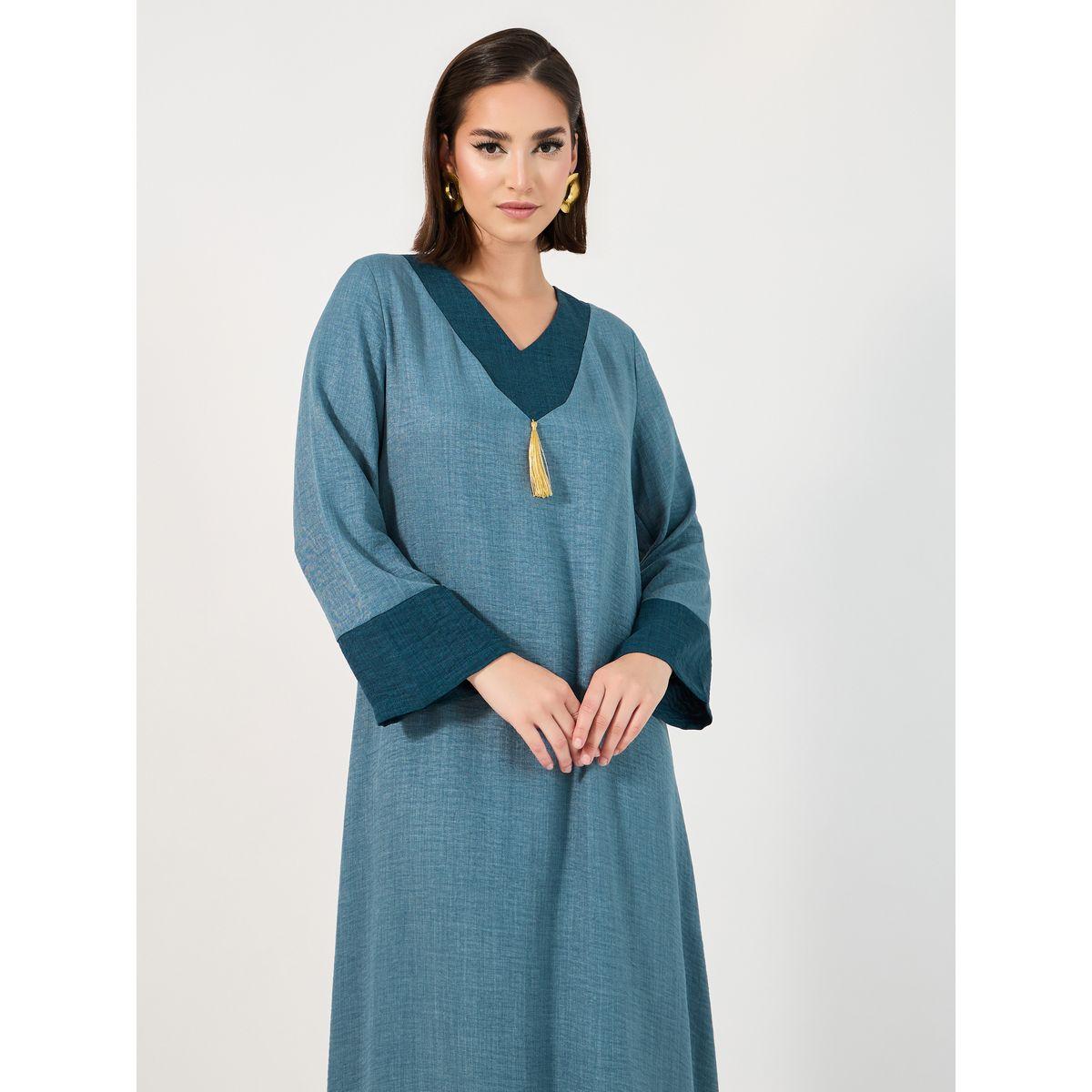 Styli Contrast Cuff Jalabiya with Tassel Detail-women-arabicclothing-jalabiyas-image-2