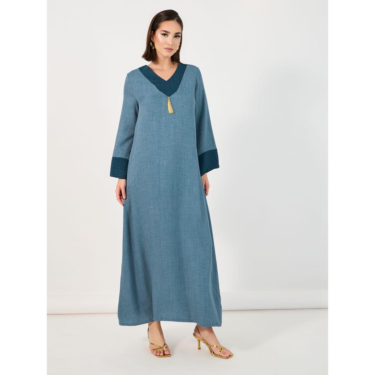 Styli Contrast Cuff Jalabiya with Tassel Detail-women-arabicclothing-jalabiyas-image-4