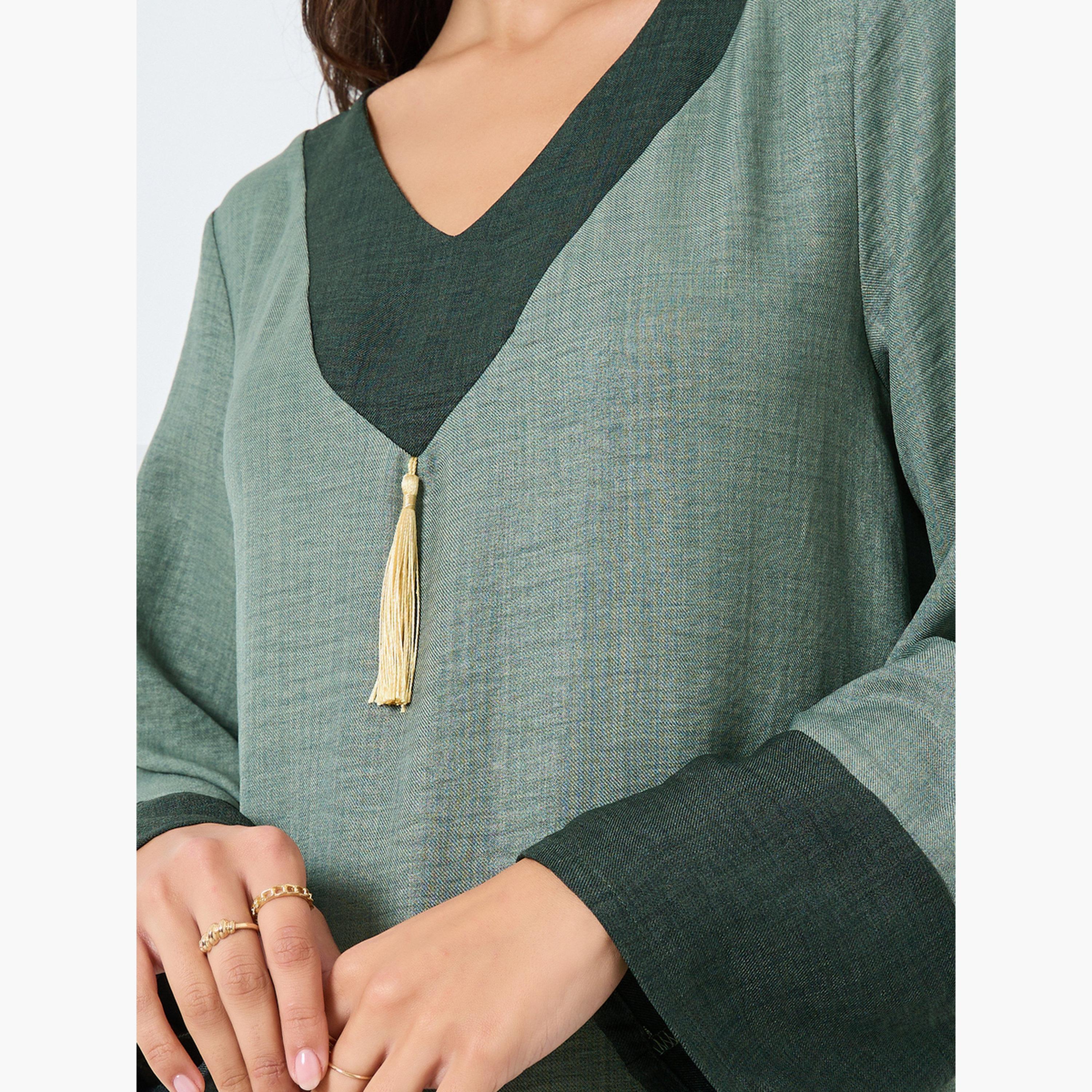 Styli Contrast Cuff Jalabiya with Tassel Detail-women-arabicclothing-jalabiyas-image-4