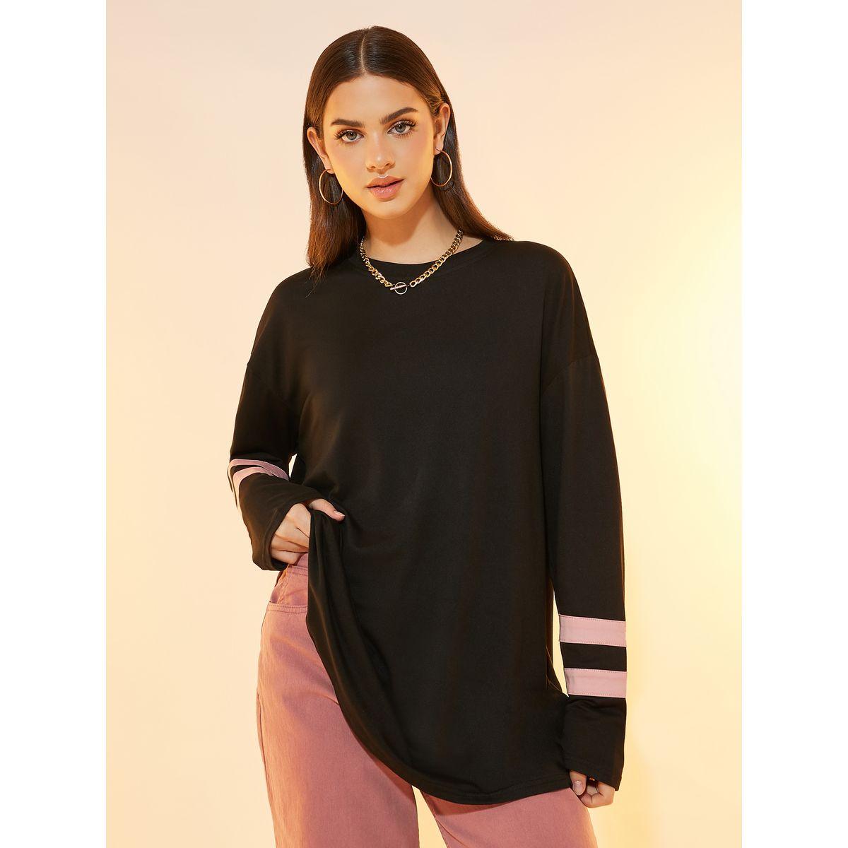 Styli Round Neck Contrast Sleeves Top-women-clothing-shirtsandblouses-blouses-image-1