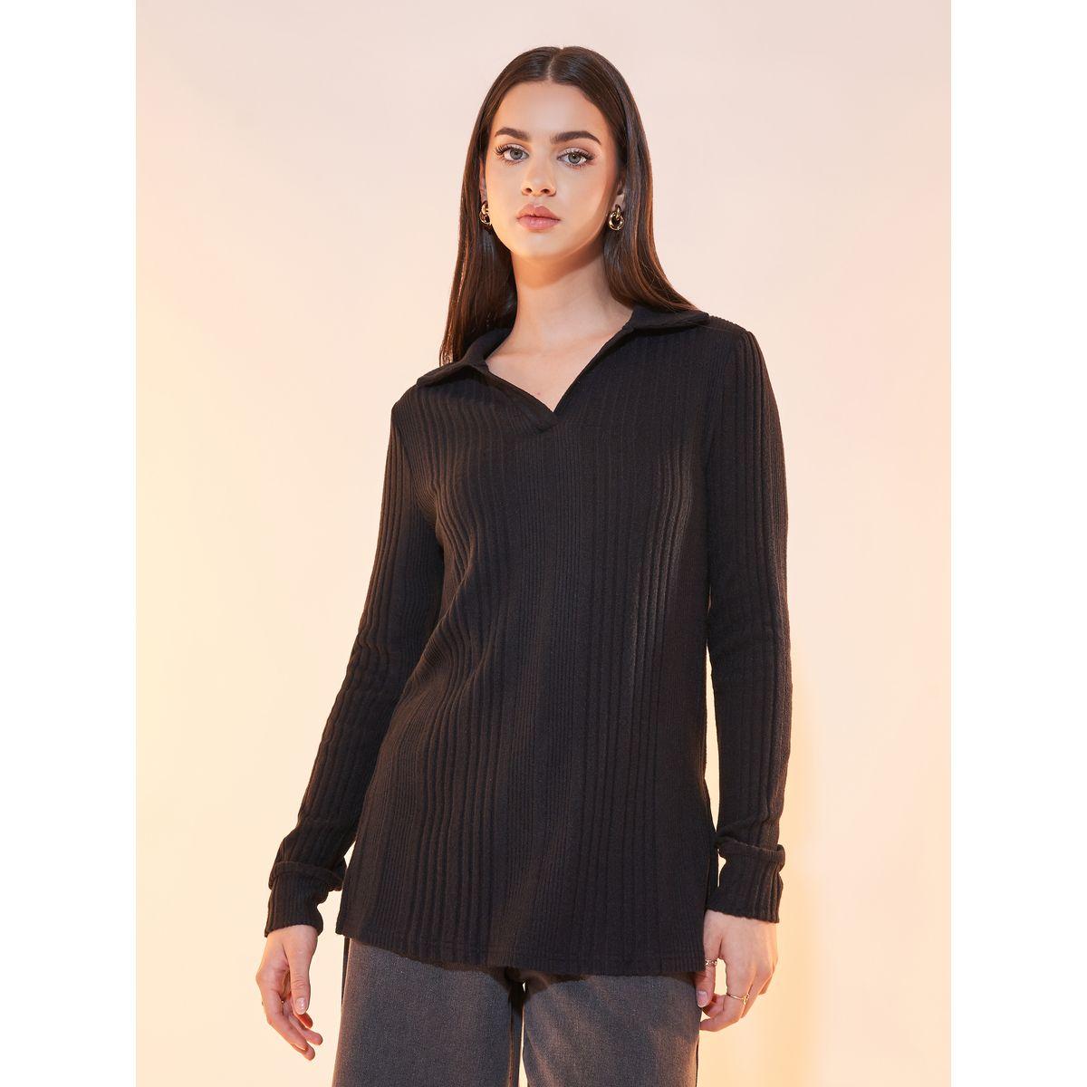 Styli Textured Knit Polo Neck Top-women-clothing-tshirts-image-1