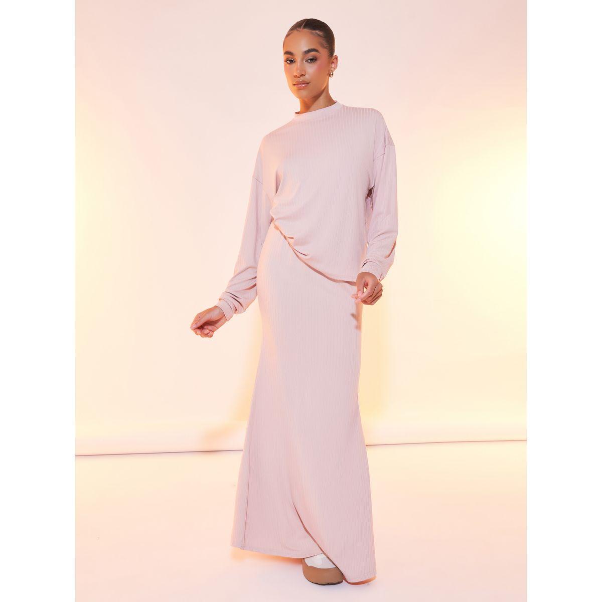 Styli Solid Ribbed Long Sleeve Top & Maxi Skirt Co-Ord-women-clothing-coordsets-image-1