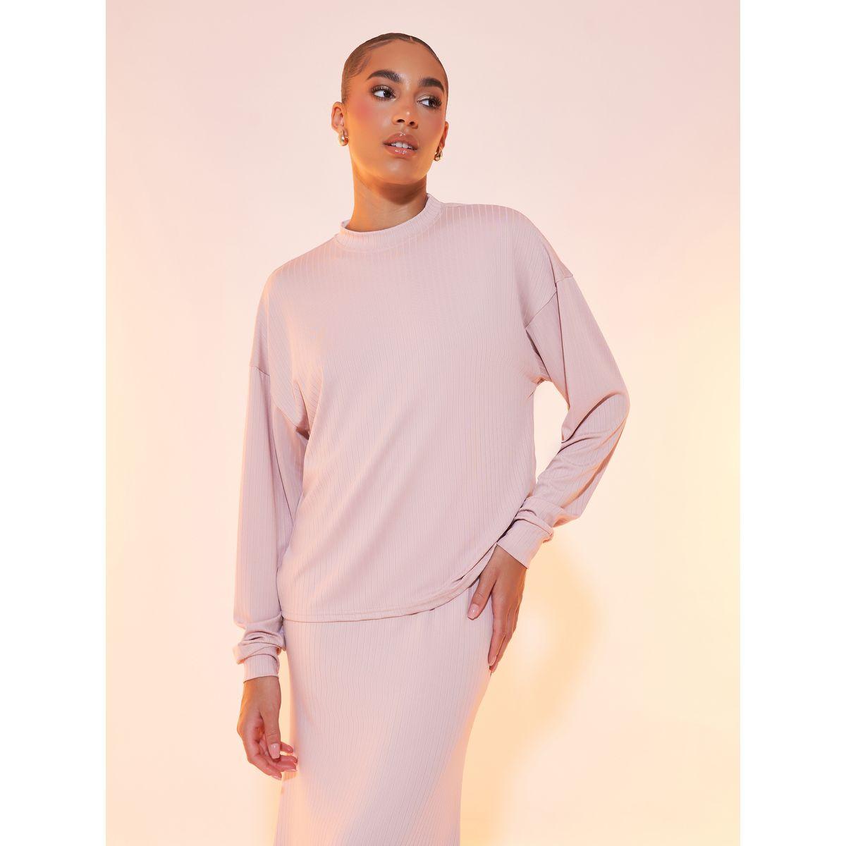 Styli Solid Ribbed Long Sleeve Top & Maxi Skirt Co-Ord-women-clothing-coordsets-image-2