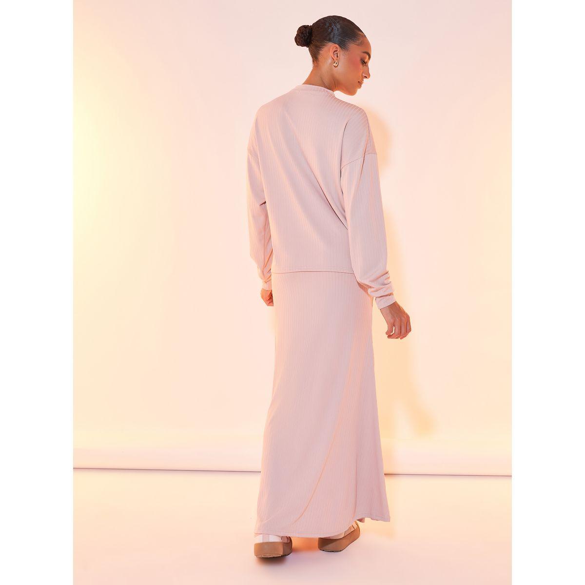 طقم منسق من تنورة طويلة وبلوزة سادة بأكمام طويلة-women-clothing-coordsets-image-4