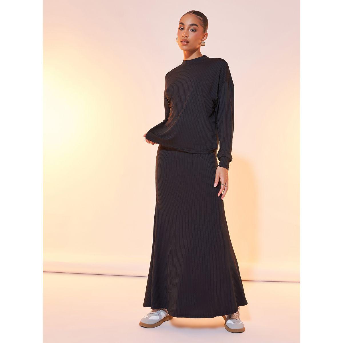 Styli Solid Ribbed Long Sleeve Top & Maxi Skirt Co-Ord-women-clothing-coordsets-image-2