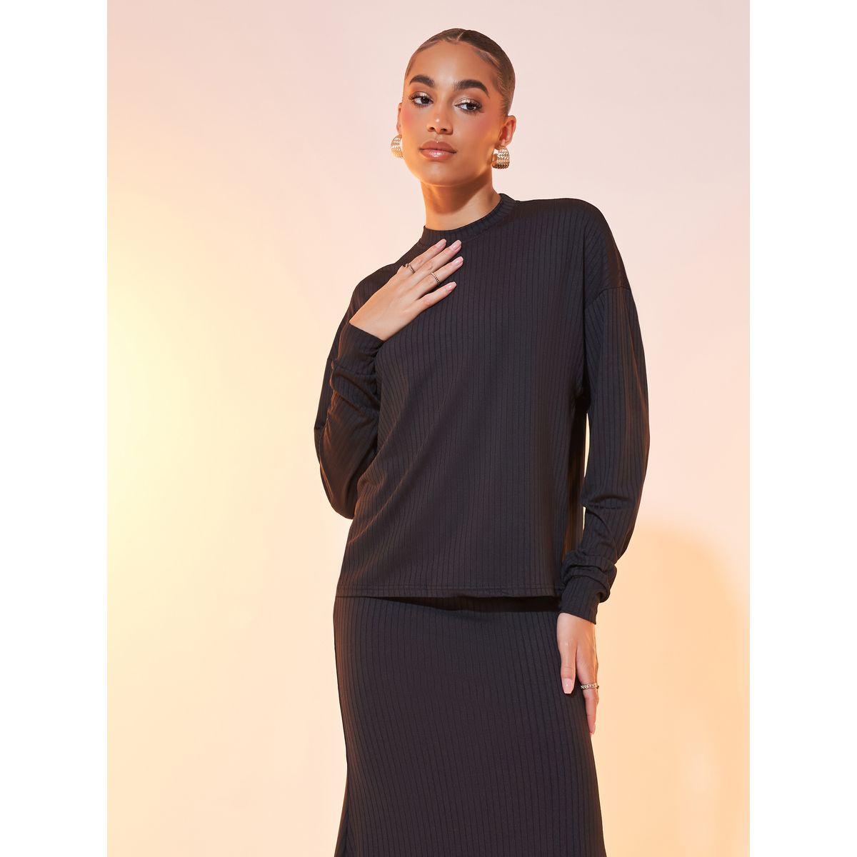 طقم منسق من تنورة طويلة وبلوزة سادة بأكمام طويلة-women-clothing-coordsets-image-3