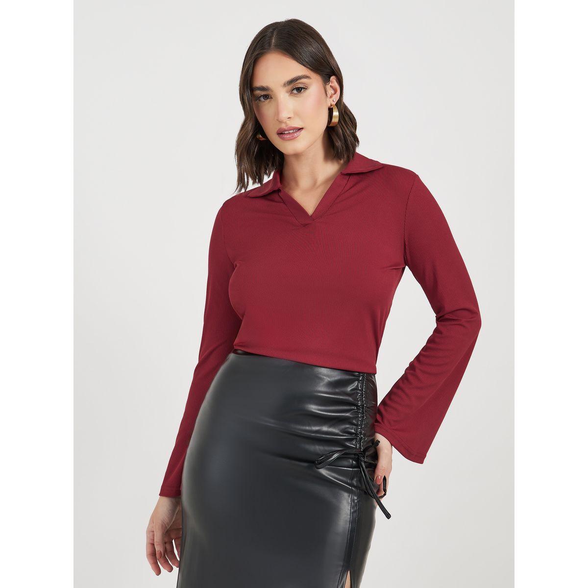 تيشيرت مضلع بياقة بولو وأكمام واسعة-women-clothing-tshirts-image-3