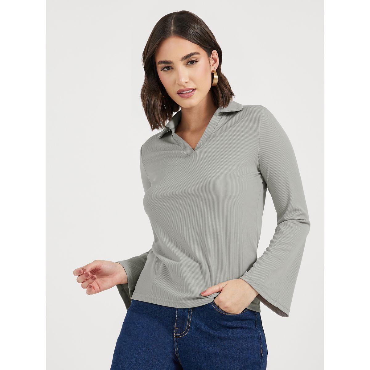 Styli Ribbed Regular Fit Flared Sleeve Polo T-Shirt-women-clothing-tshirts-image-1