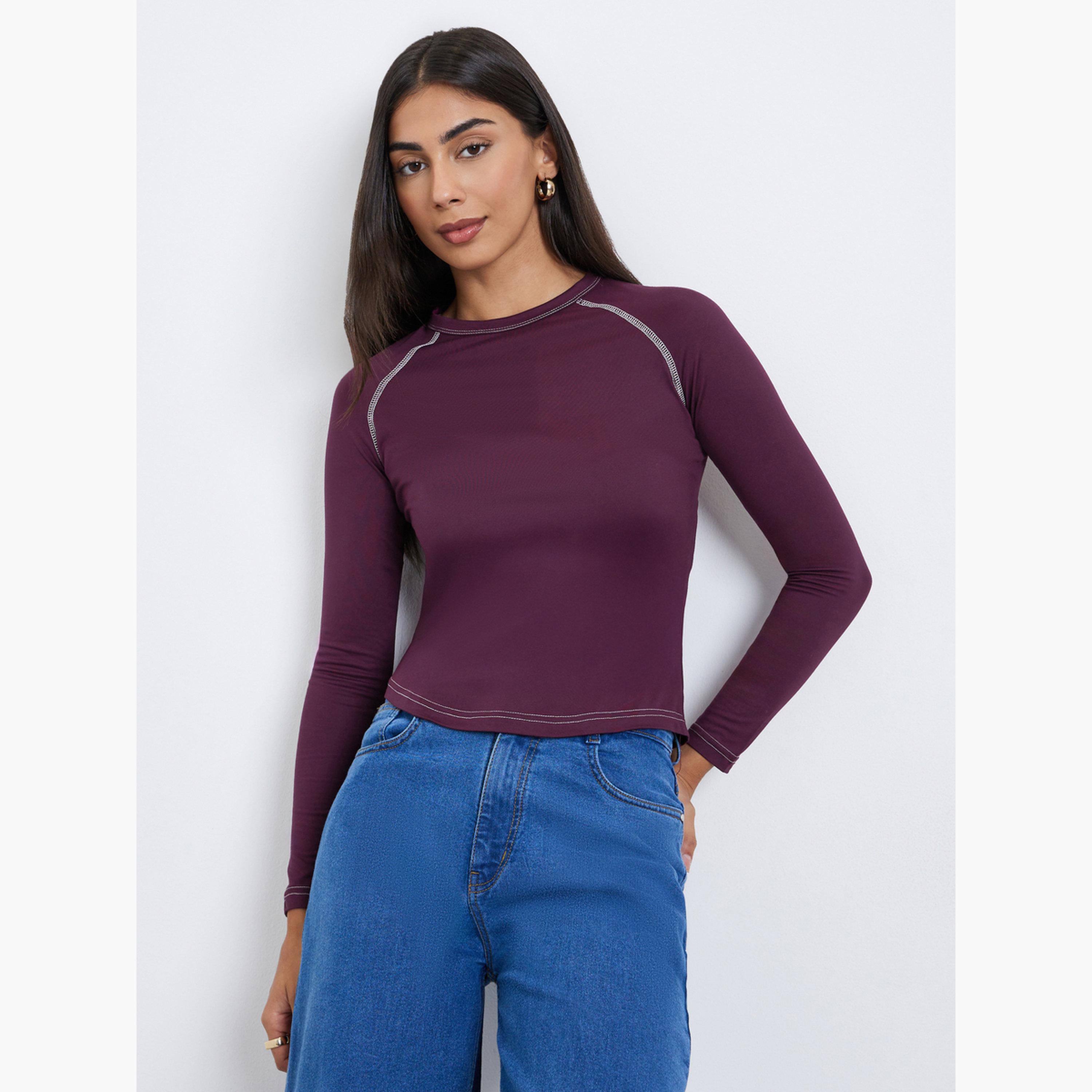 ستايلي - تي شيرت سادة بأكمام راجلان وحياكة متباينة للنساء-women-clothing-tshirts-image-1