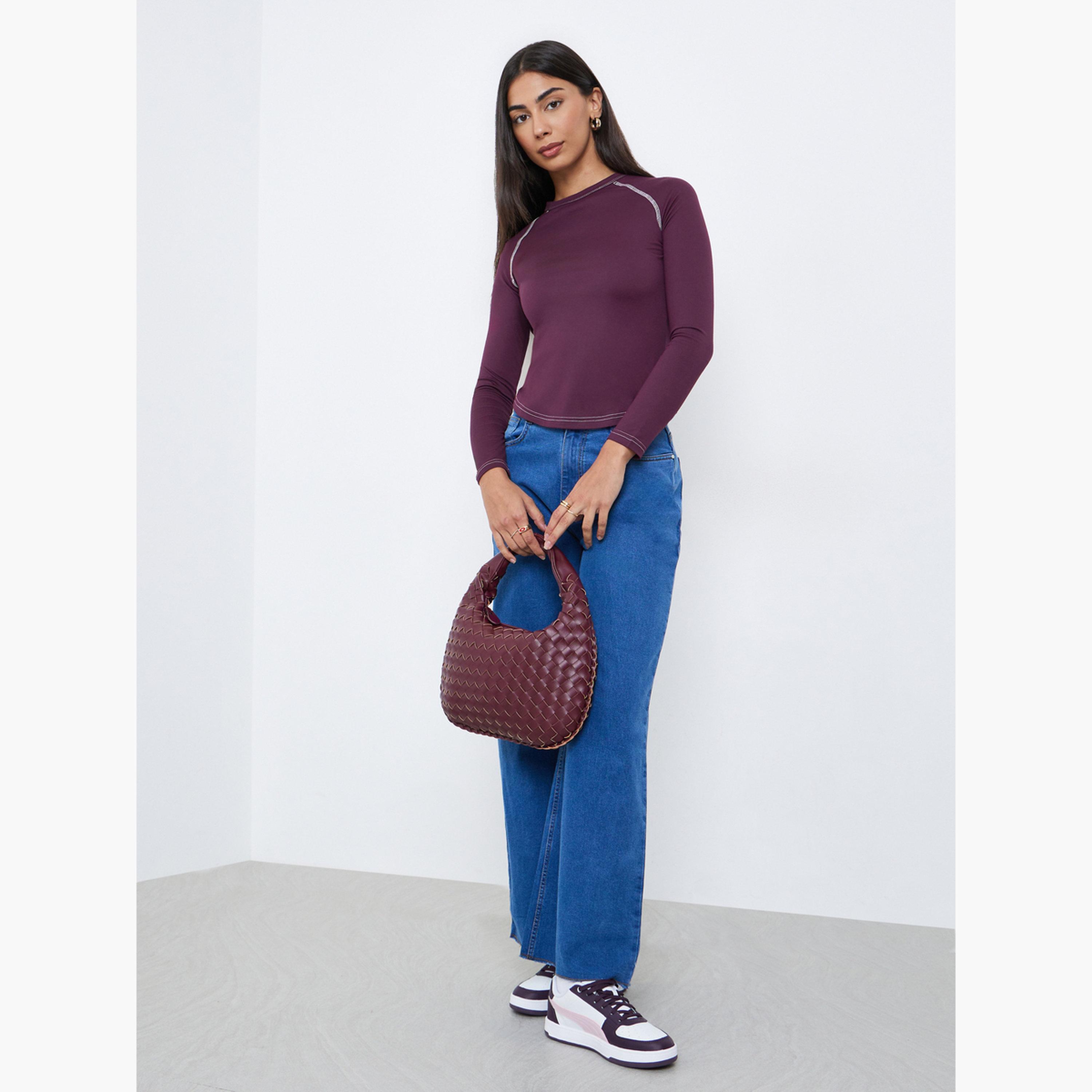 ستايلي - تي شيرت سادة بأكمام راجلان وحياكة متباينة للنساء-women-clothing-tshirts-image-2