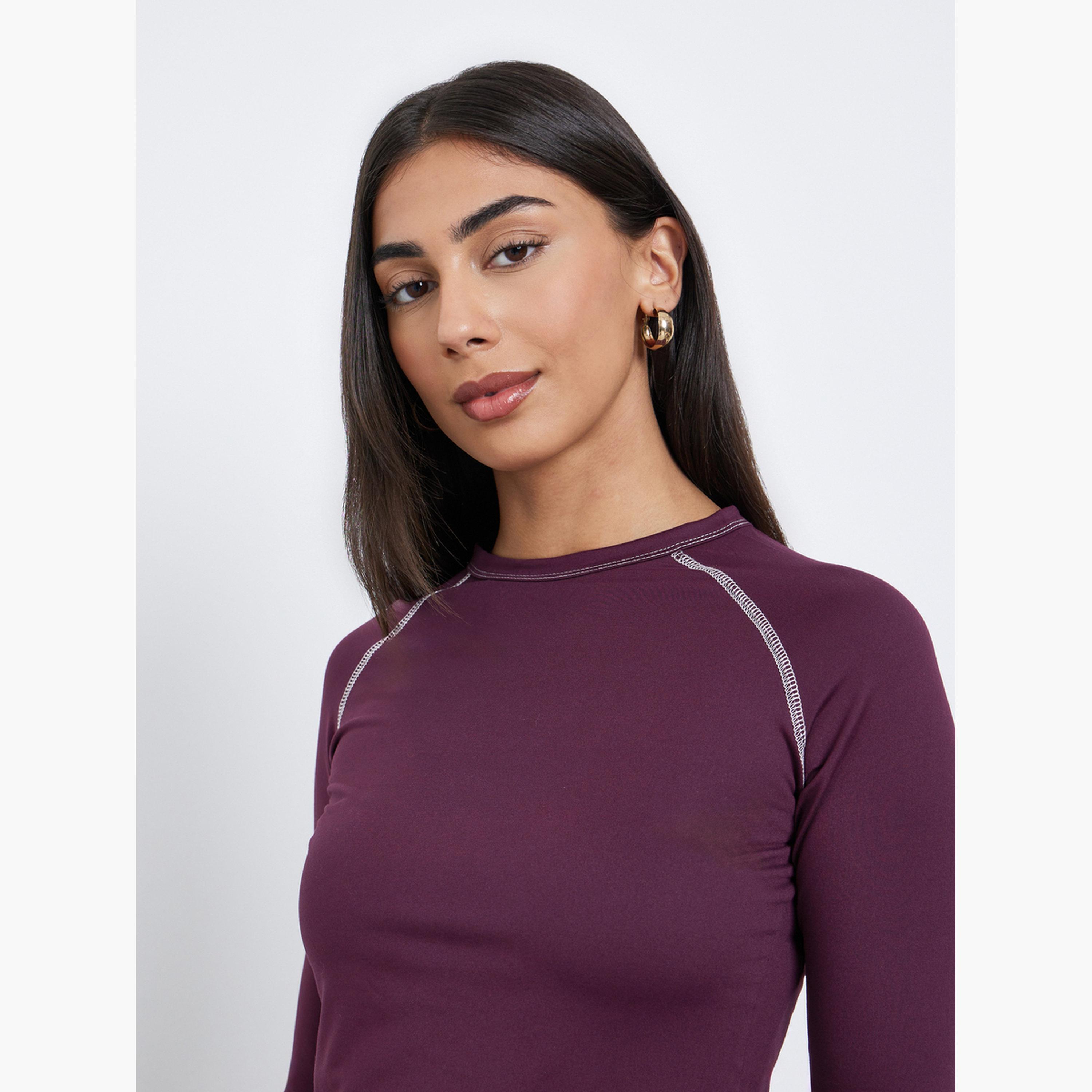 Styli Women Contrast Stitch Plain Raglan Sleeve Fitted T-Shirt-women-clothing-tshirts-image-3