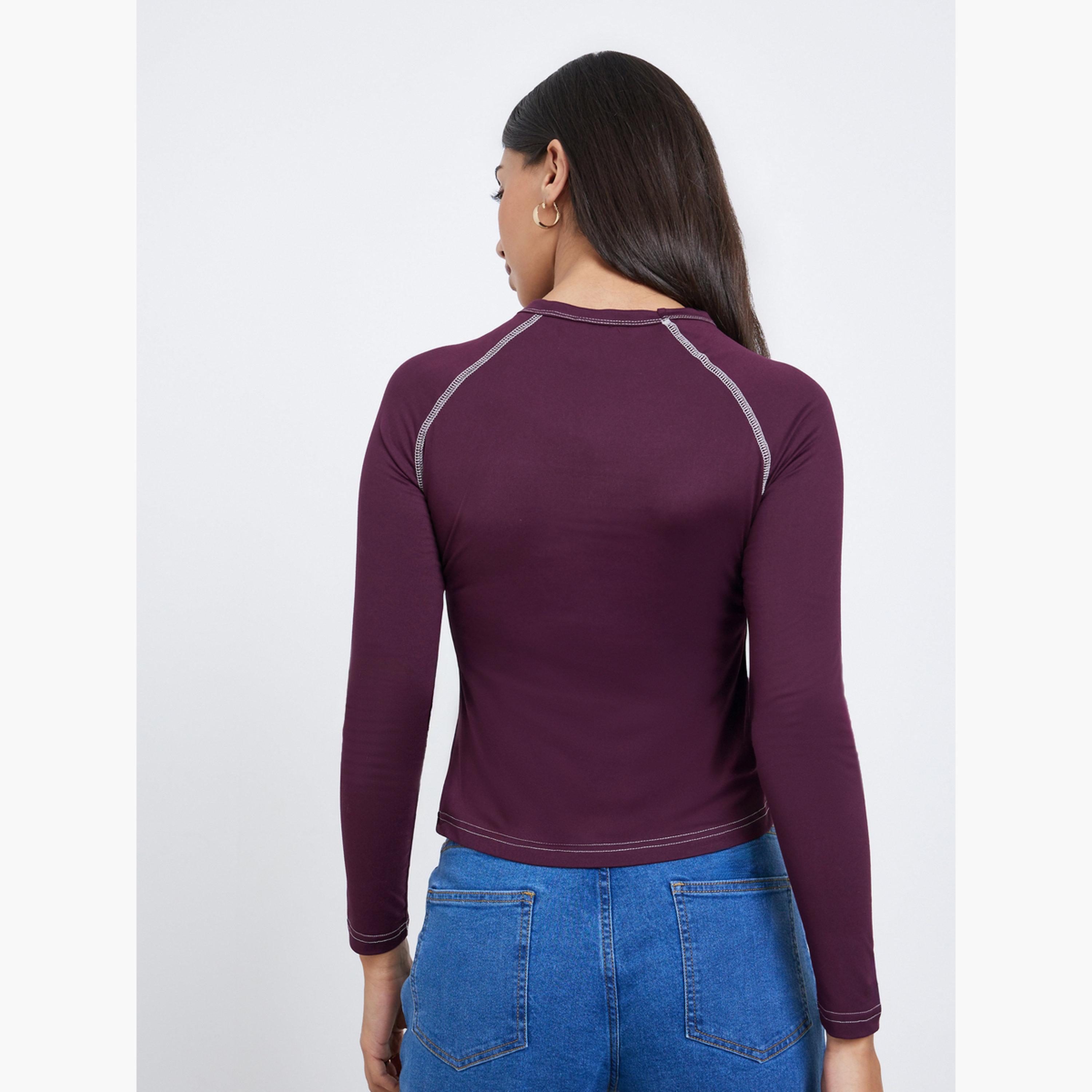 ستايلي - تي شيرت سادة بأكمام راجلان وحياكة متباينة للنساء-women-clothing-tshirts-image-4