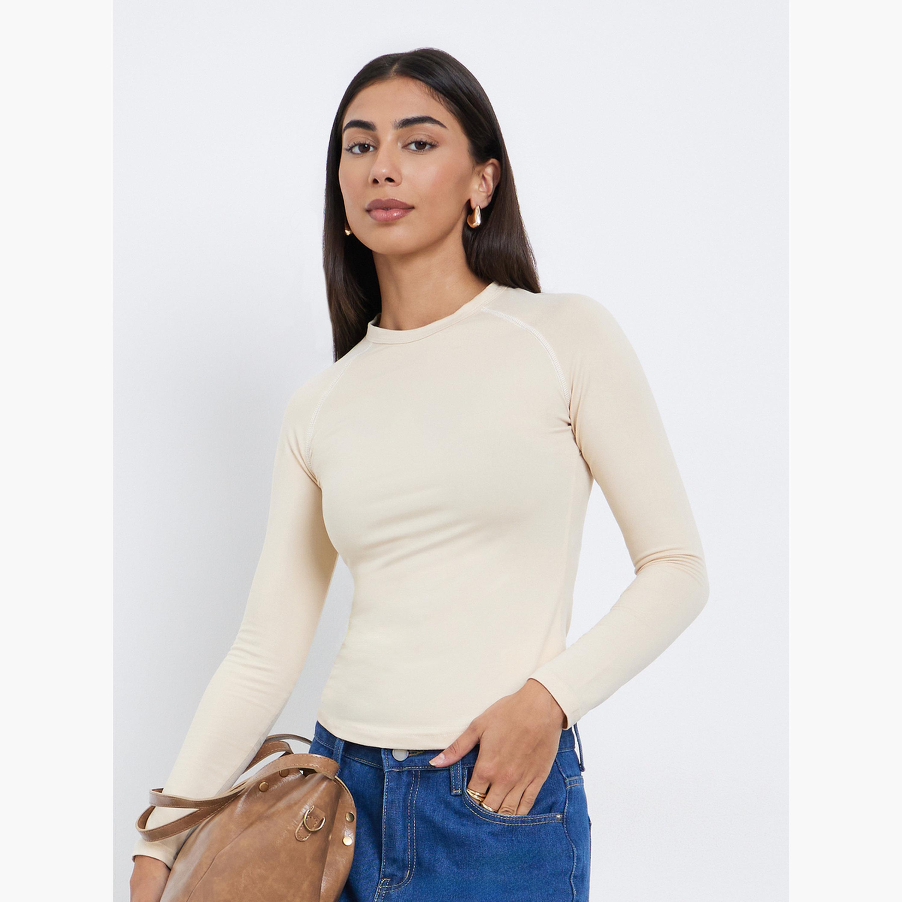 Styli Women Contrast Stitch Plain Raglan Sleeve Fitted T-Shirt-women-clothing-tshirts-image-1