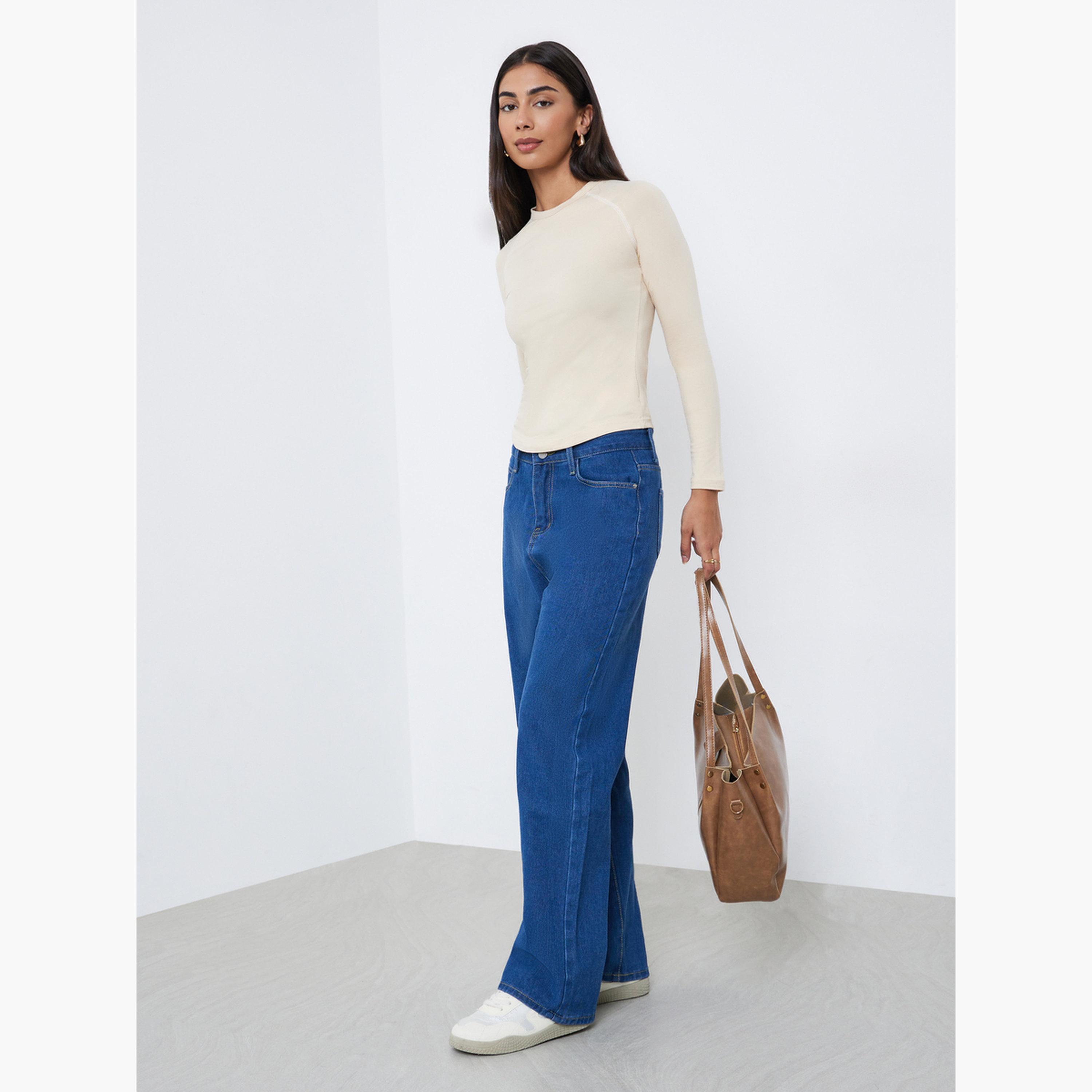 ستايلي - تي شيرت سادة بأكمام راجلان وحياكة متباينة للنساء-women-clothing-tshirts-image-2