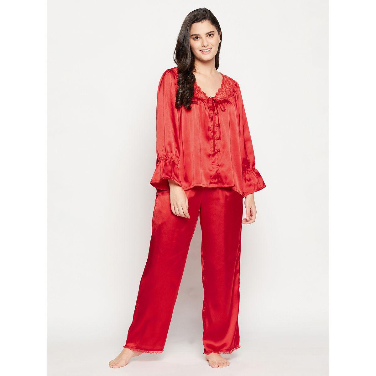 Clovia X Styli  Satin Lace Insert V Neck Top & Pyjama Set-women-clothing-nightwear-pyjamas-longsets-image-1