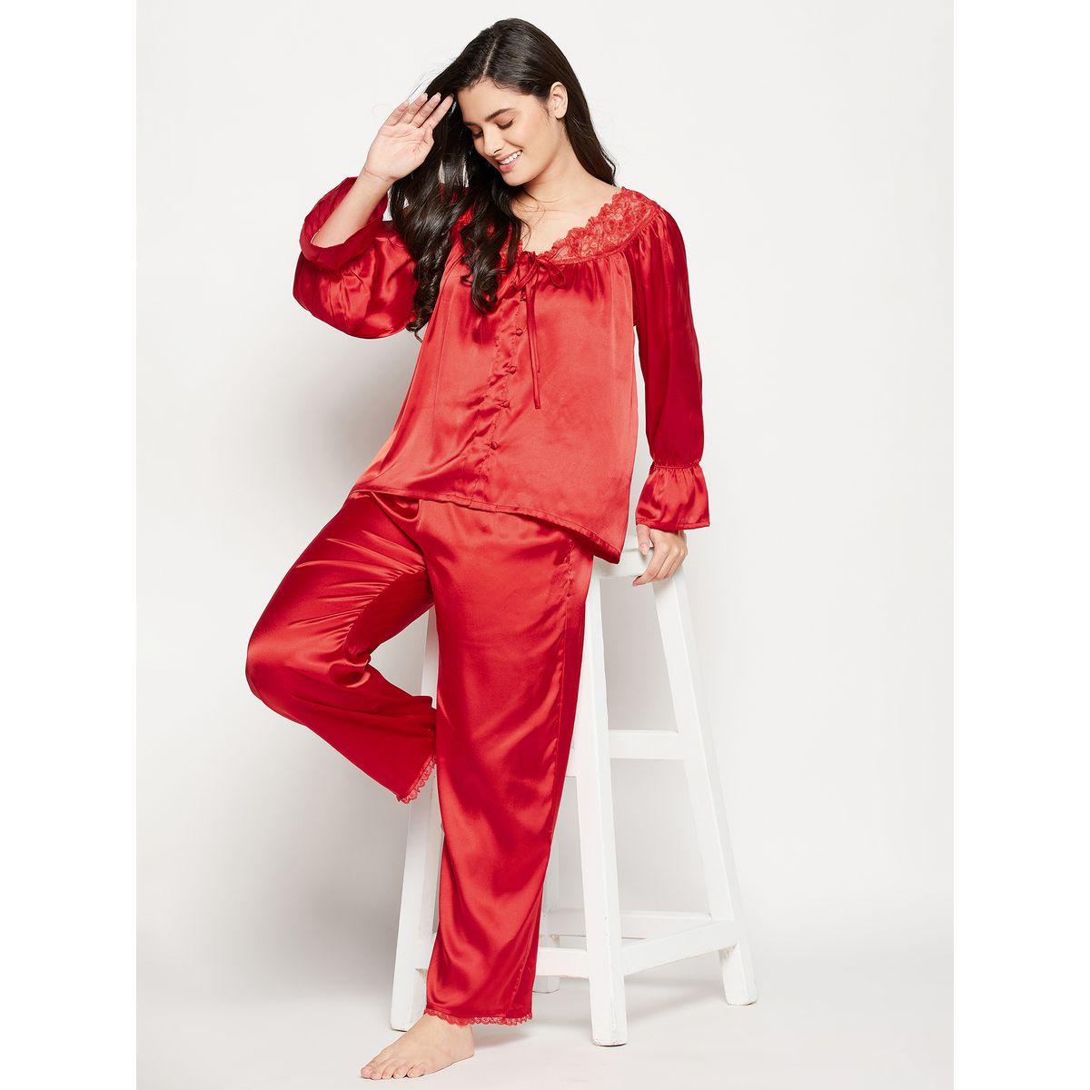 Clovia X Styli  Satin Lace Insert V Neck Top & Pyjama Set-women-clothing-nightwear-pyjamas-longsets-image-2