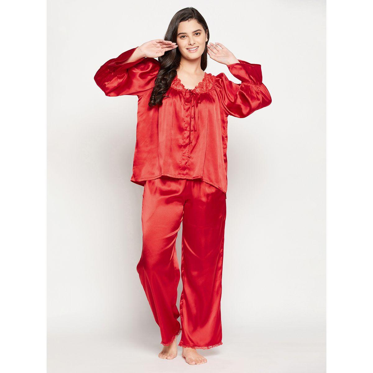 Clovia X Styli  Satin Lace Insert V Neck Top & Pyjama Set-women-clothing-nightwear-pyjamas-longsets-image-3