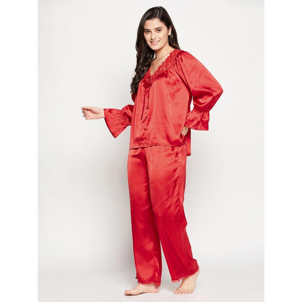 Clovia X Styli  Satin Lace Insert V Neck Top & Pyjama Set-women-clothing-nightwear-pyjamas-longsets-image-4