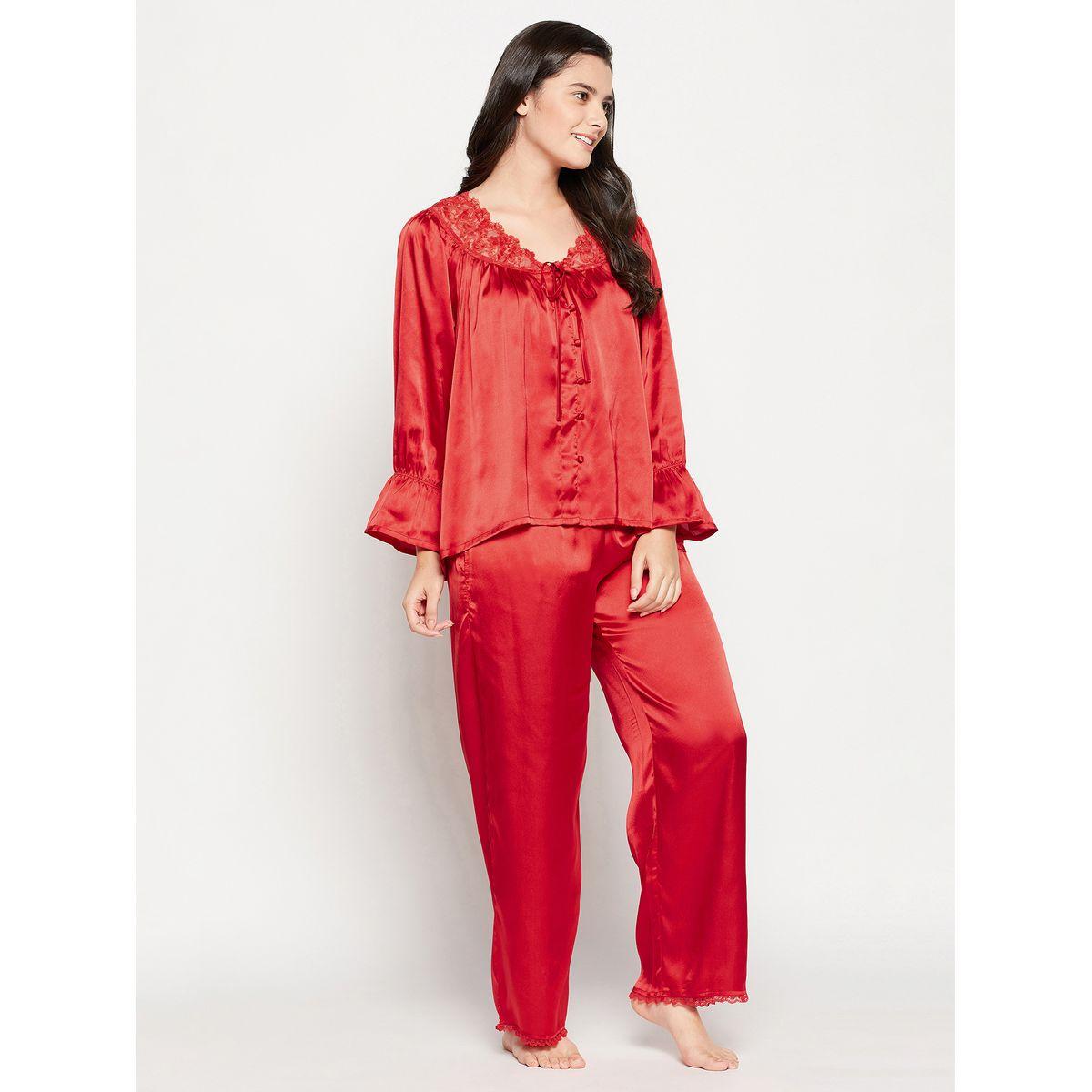 Clovia X Styli  Satin Lace Insert V Neck Top & Pyjama Set-women-clothing-nightwear-pyjamas-longsets-image-5