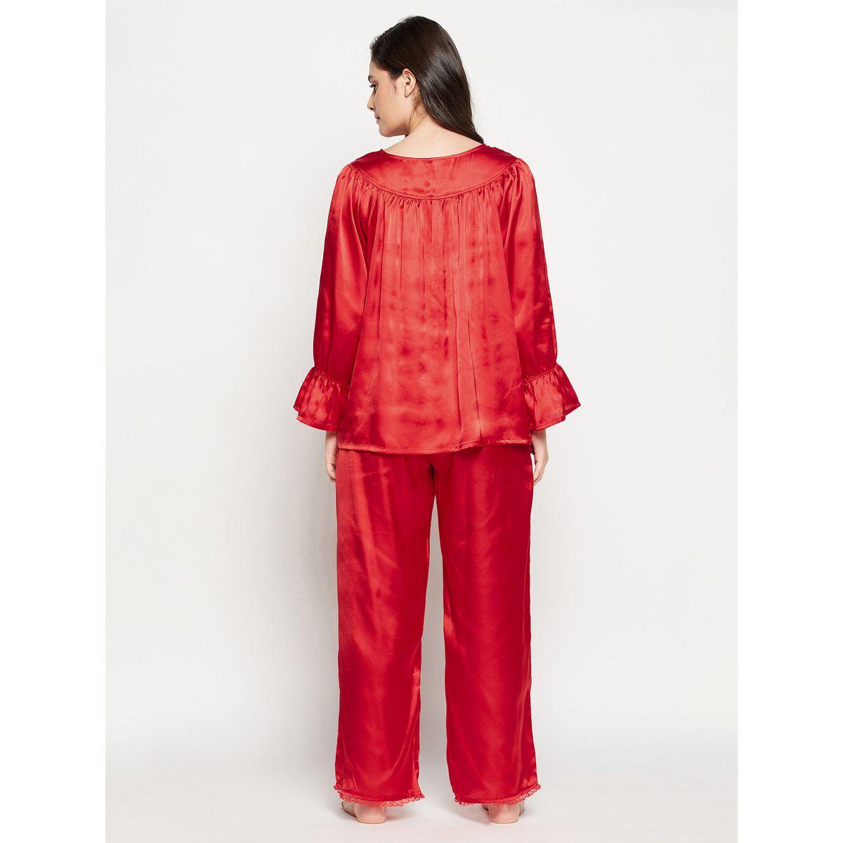 Clovia X Styli  Satin Lace Insert V Neck Top & Pyjama Set-women-clothing-nightwear-pyjamas-longsets-image-6