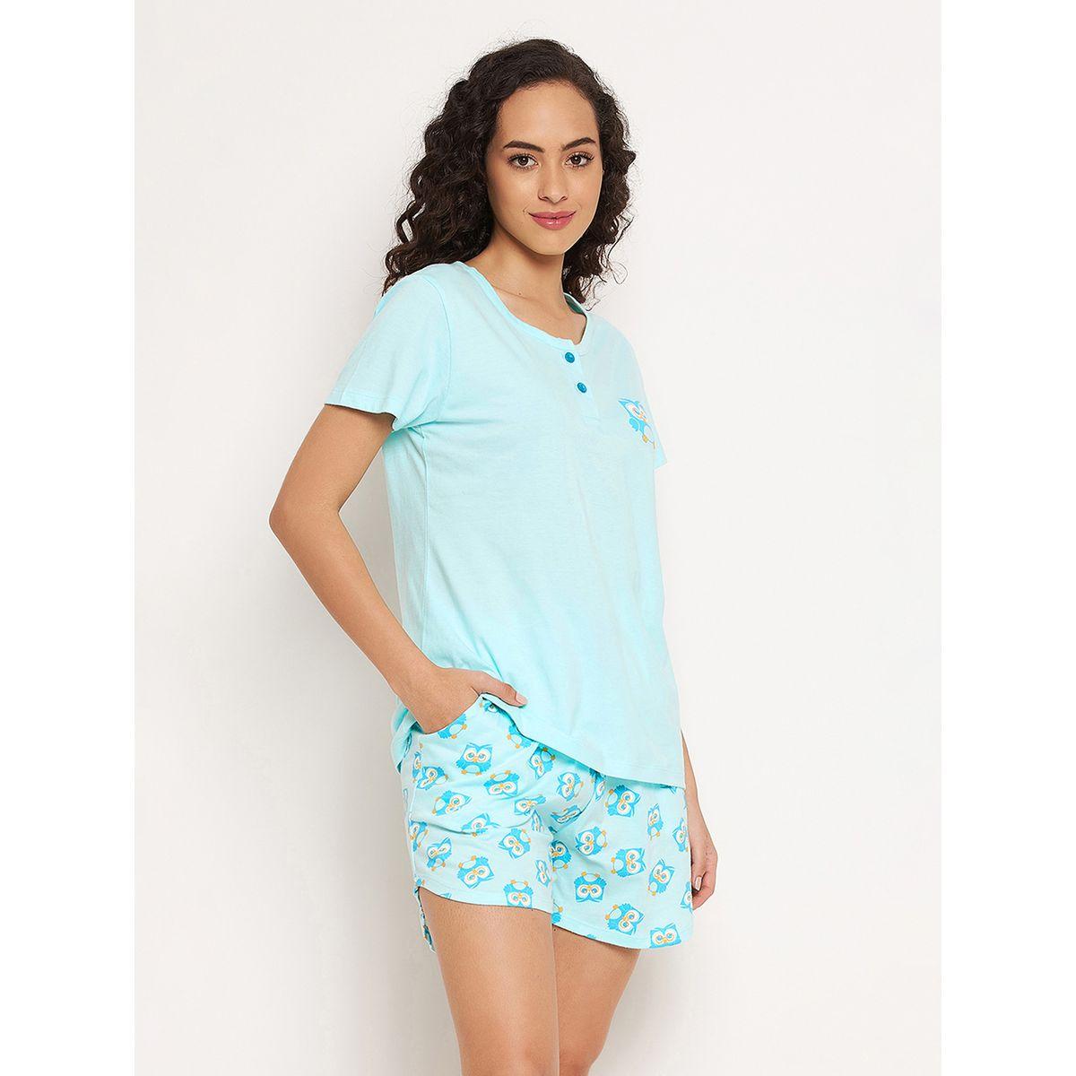 طقم من شورت مع بلوزة قطن بطبعة بُومَة كلوفيا × ستايلي-women-clothing-nightwear-pyjamas-shortsets-image-5