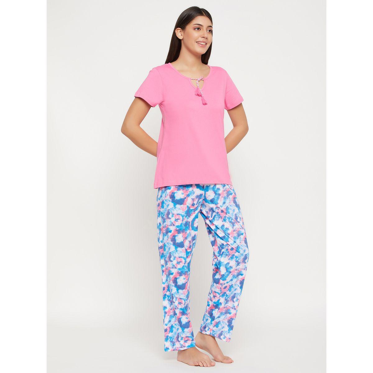 Clovia X Styli  Tie-Up Detail Solid Top & Tie-Dye Print Pyjama Set-women-clothing-nightwear-pyjamas-longsets-image-5