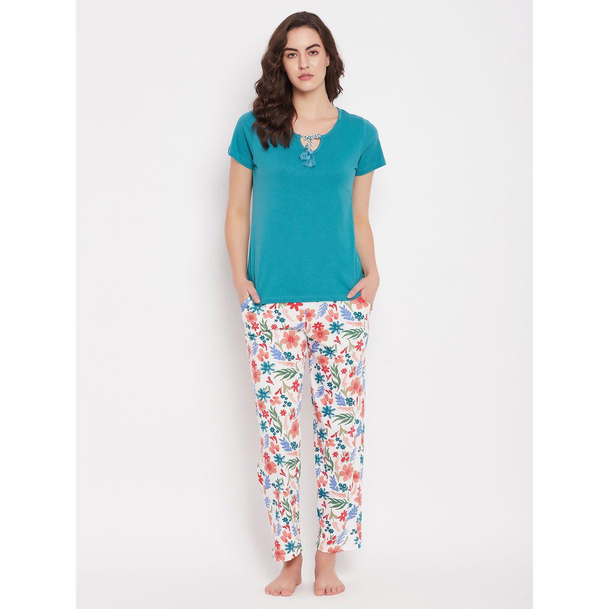 طقم من بنطال بيجاما مع بلوزة سادة بأربطة كلوفيا × ستايلي-women-clothing-nightwear-pyjamas-longsets-image-1