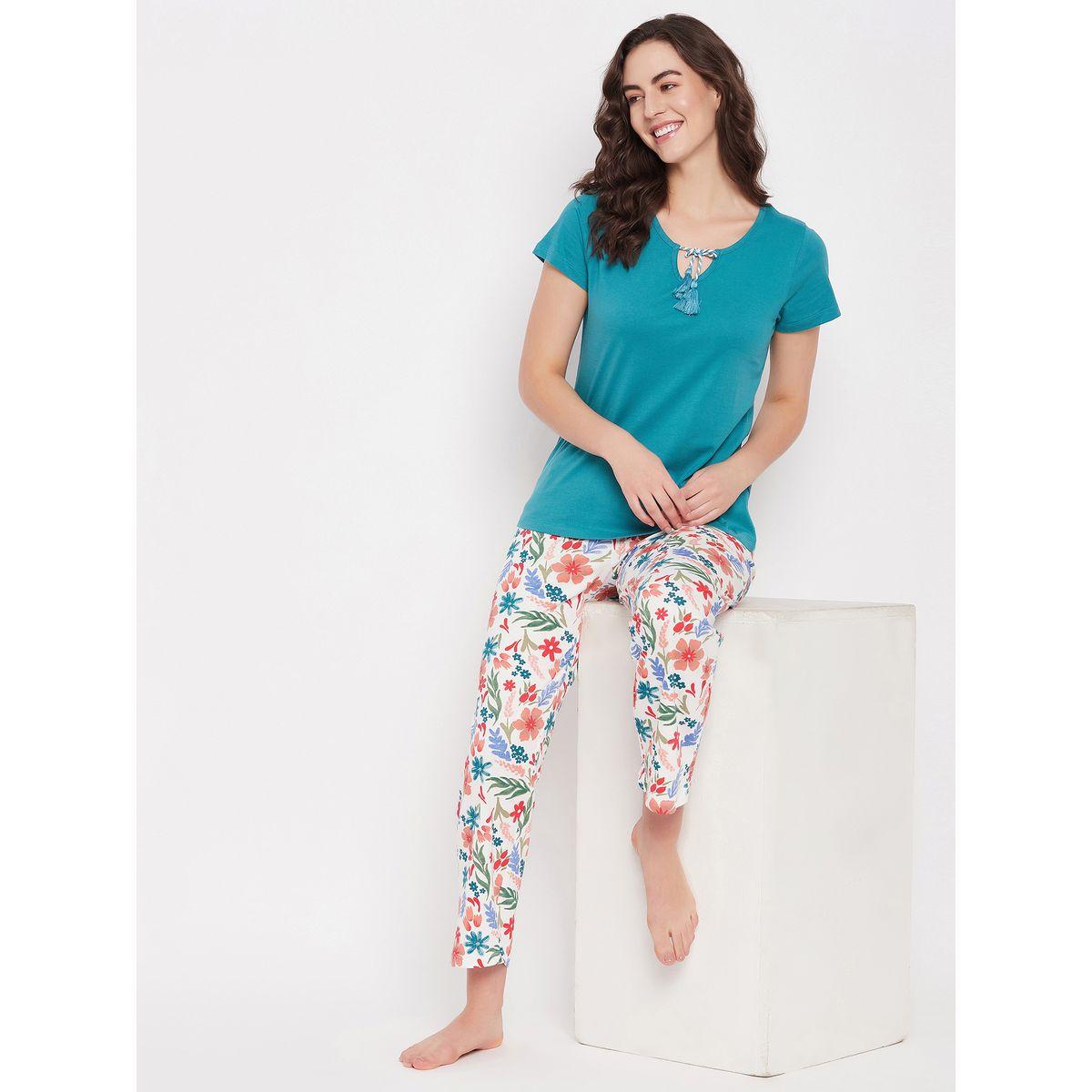 طقم من بنطال بيجاما مع بلوزة سادة بأربطة كلوفيا × ستايلي-women-clothing-nightwear-pyjamas-longsets-image-2