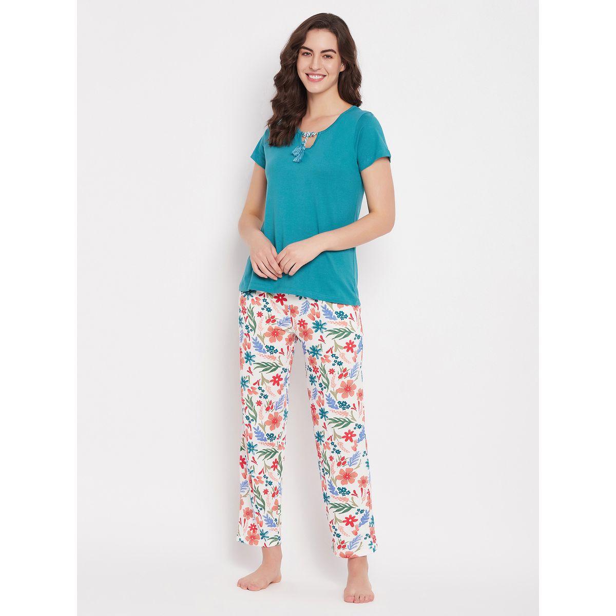 طقم من بنطال بيجاما مع بلوزة سادة بأربطة كلوفيا × ستايلي-women-clothing-nightwear-pyjamas-longsets-image-3
