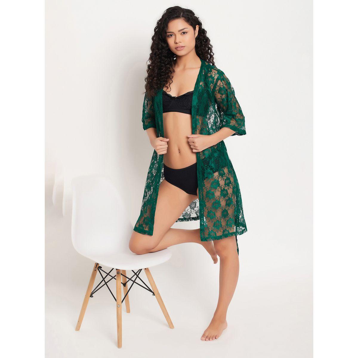 Clovia X Styli  Lace Sheer Robe with Tie Belt-women-clothing-nightwear-robes-image-2