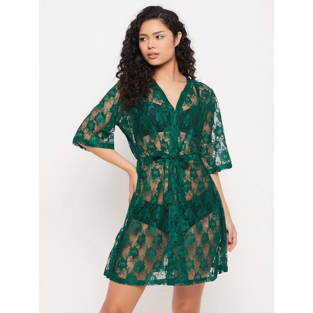 Clovia X Styli  Lace Sheer Robe with Tie Belt-women-clothing-nightwear-robes-image-3